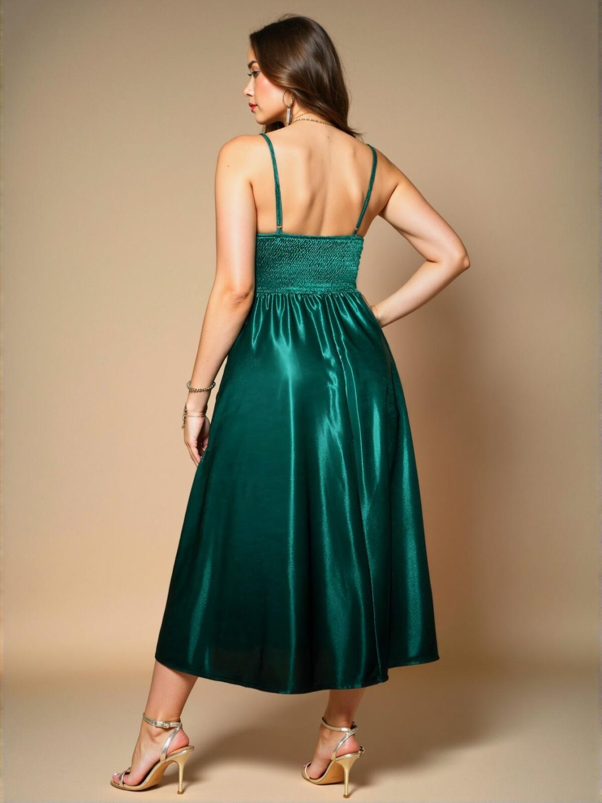 Elegant Dark Green Flared A-Line Satin Slip Dress with Backless Design for Plus Size Women - Chic, Classy and Trendy Fashion Style to Dress to Impress - Image 2
