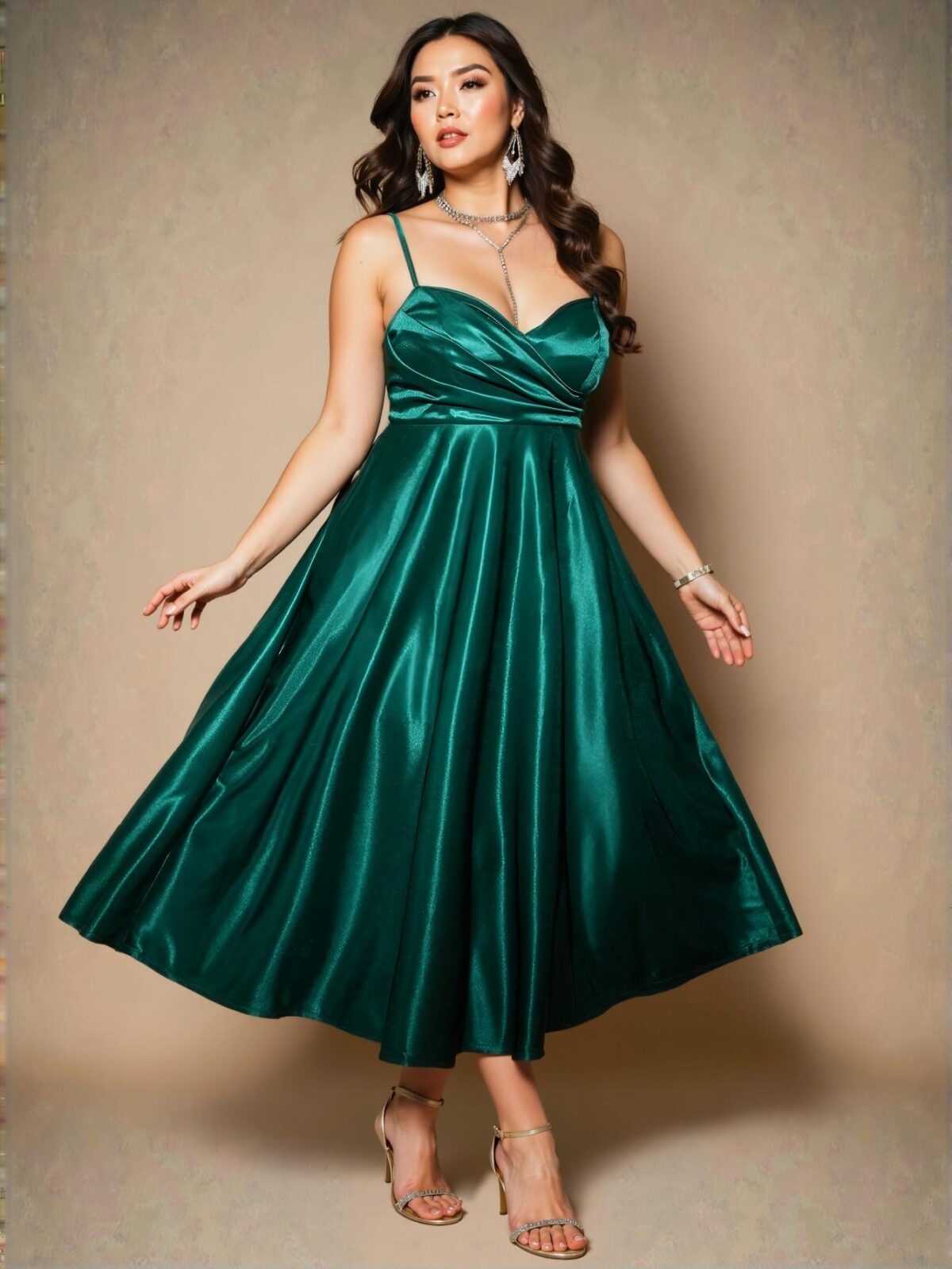 Elegant Dark Green Flared A-Line Satin Slip Dress with Backless Design for Plus Size Women - Chic, Classy and Trendy Fashion Style to Dress to Impress - Image 3