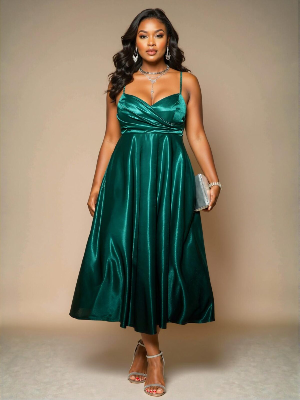 Elegant Dark Green Flared A-Line Satin Slip Dress with Backless Design for Plus Size Women - Chic, Classy and Trendy Fashion Style to Dress to Impress - Image 4