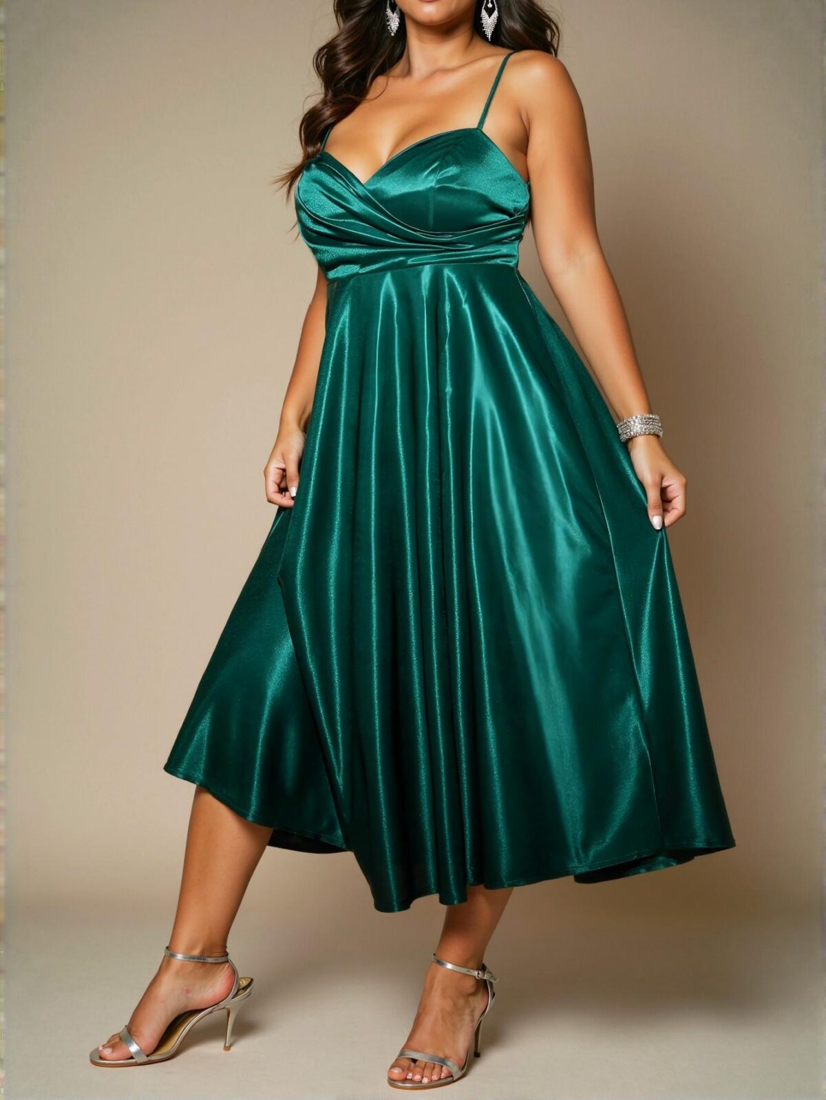 Elegant Dark Green Flared A-Line Satin Slip Dress with Backless Design for Plus Size Women - Chic, Classy and Trendy Fashion Style to Dress to Impress - Image 5