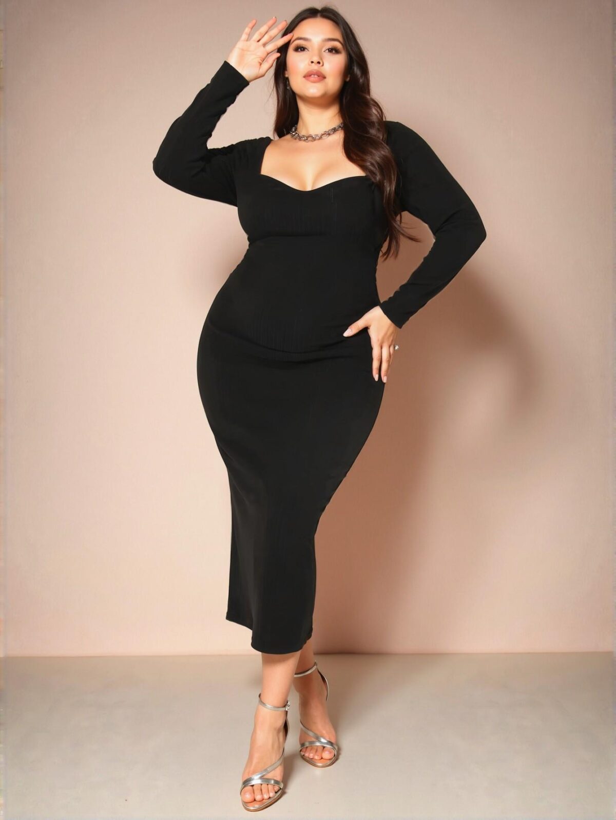 Elegant Black Stretchy Knit Bodycon Bodysuit with Velvet Stripes for Parties and Dates - Chic, Classy, and Trendy Fashion Style to Dress to Impress - Image 3