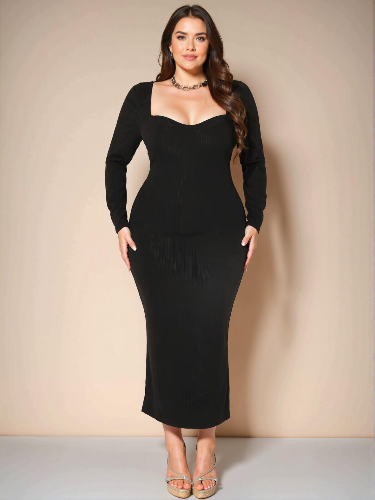 Elegant Black Stretchy Knit Bodycon Bodysuit with Velvet Stripes for Parties and Dates - Chic, Classy, and Trendy Fashion Style to Dress to Impress - Image 4