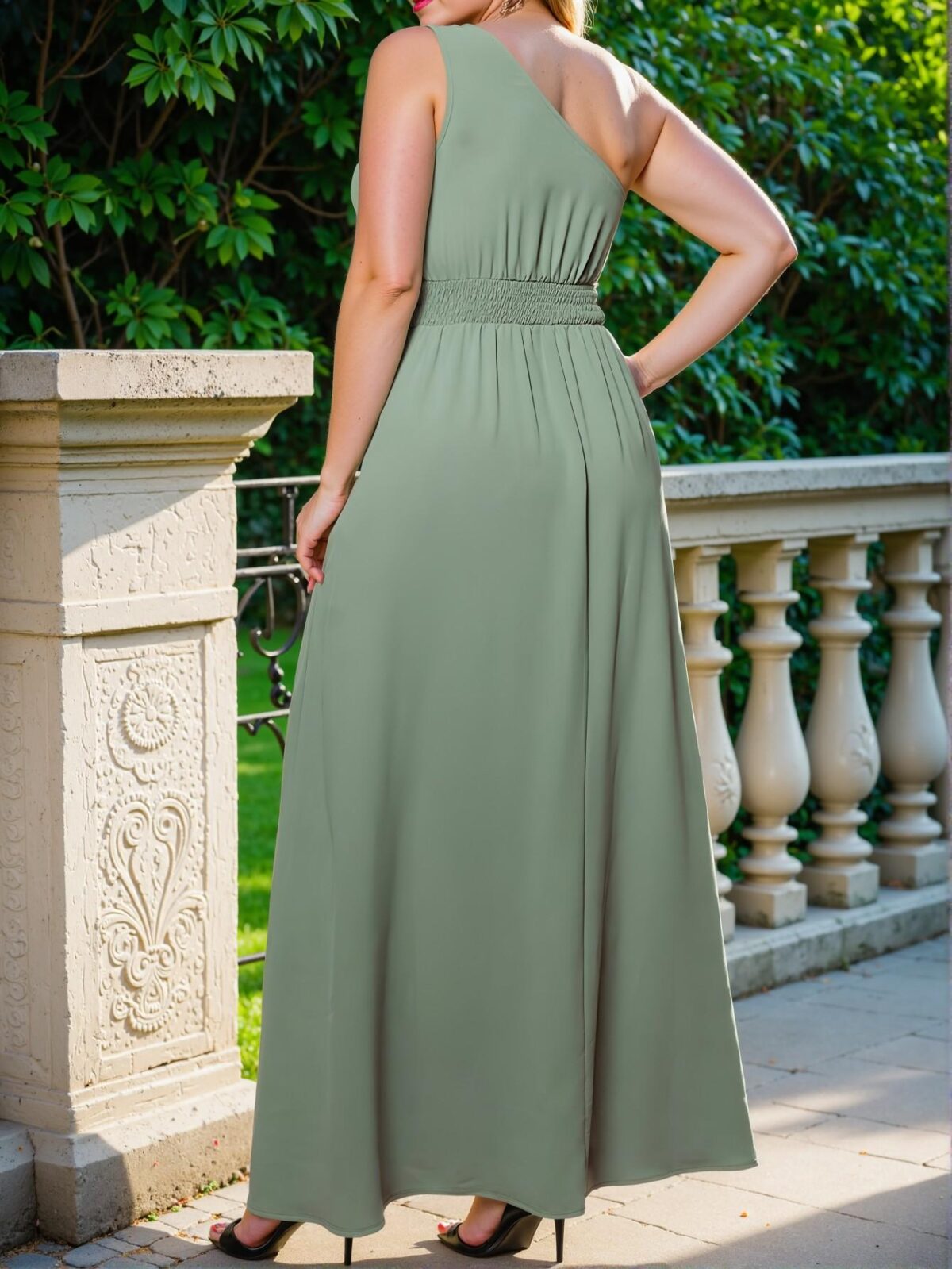 Elegant Green Stylish Plus Size Asymmetrical Neck Dress with Slit for Weddings and Holiday Gatherings - Chic, Classy and Trendy Fashion Style to Dress to Impress - Image 2