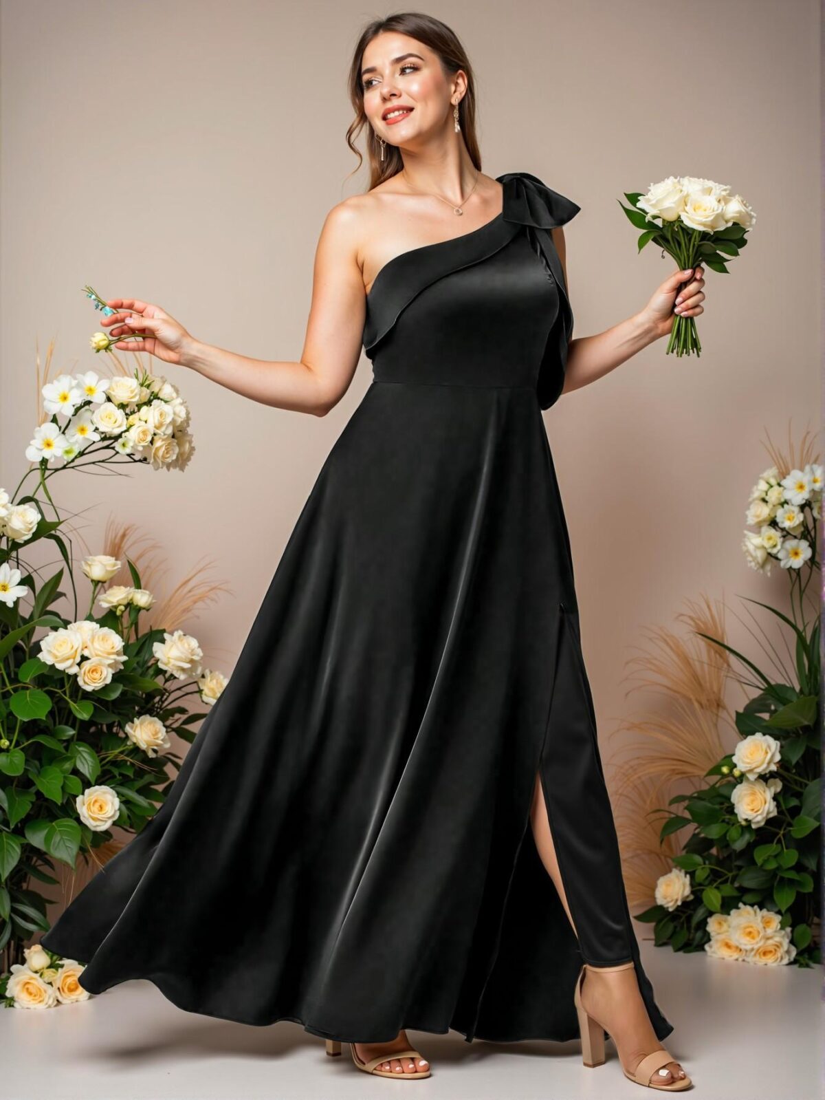 Elegant Black Plus Size Satin Bowknot Shoulder Sleeveless A-Line Split Hem Evening Dress for Special Occasions Chic, Classy and Trendy Fashion Style to Dress to Impress