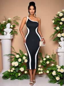 Elegant Black Stylish One Shoulder Sleeveless Midi Dress with Side Slit and Contrast Stripes – Chic, Classy and Trendy Fashion Style to Dress to Impress
