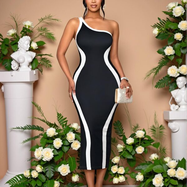 Elegant Black Stylish One Shoulder Sleeveless Midi Dress with Side Slit and Contrast Stripes – Chic, Classy and Trendy Fashion Style to Dress to Impress