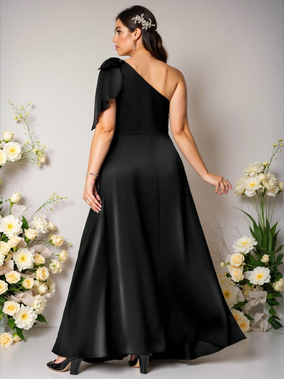 Elegant Black Plus Size Satin Bowknot Shoulder Sleeveless A-Line Split Hem Evening Dress for Special Occasions Chic, Classy and Trendy Fashion Style to Dress to Impress - Image 2