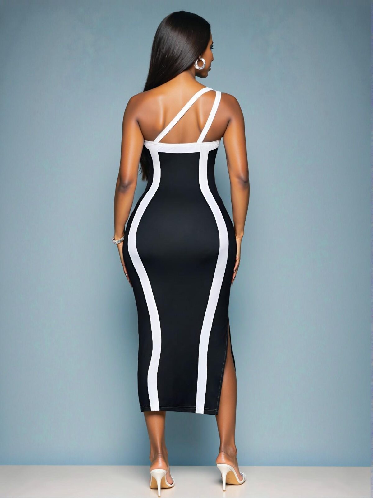 Elegant Black Stylish One Shoulder Sleeveless Midi Dress with Side Slit and Contrast Stripes – Chic, Classy and Trendy Fashion Style to Dress to Impress - Image 2