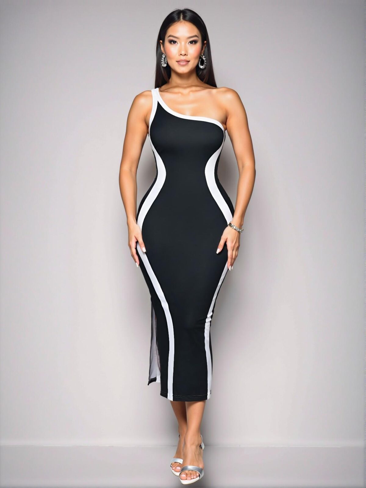 Elegant Black Stylish One Shoulder Sleeveless Midi Dress with Side Slit and Contrast Stripes – Chic, Classy and Trendy Fashion Style to Dress to Impress - Image 3