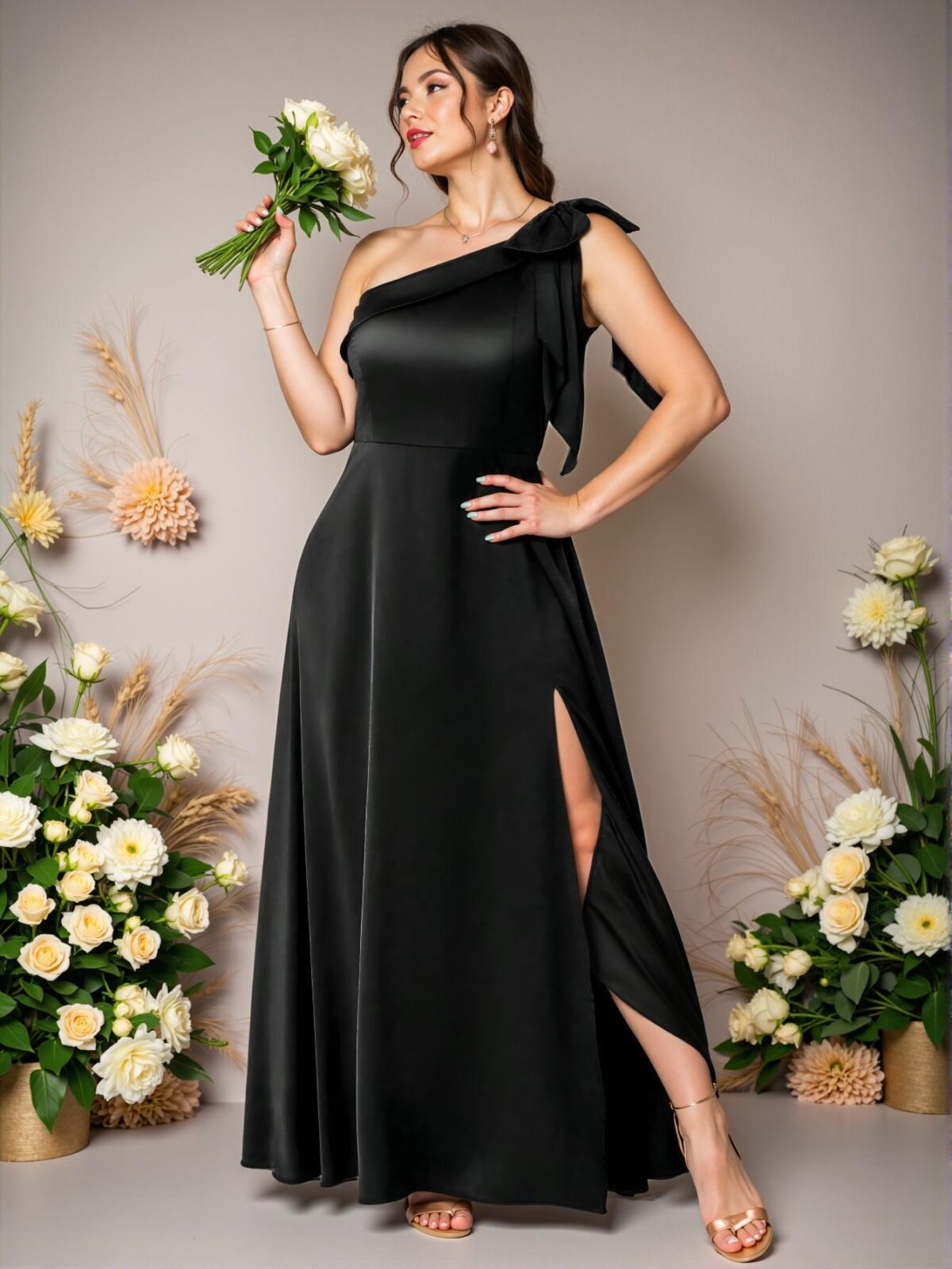 Elegant Black Plus Size Satin Bowknot Shoulder Sleeveless A-Line Split Hem Evening Dress for Special Occasions Chic, Classy and Trendy Fashion Style to Dress to Impress - Image 4