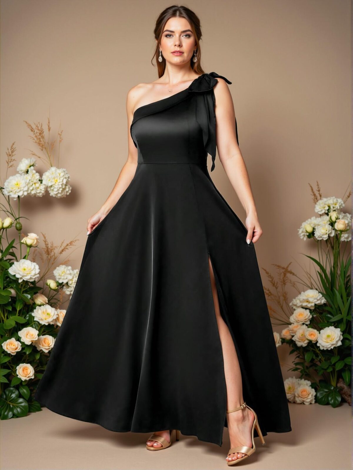 Elegant Black Plus Size Satin Bowknot Shoulder Sleeveless A-Line Split Hem Evening Dress for Special Occasions Chic, Classy and Trendy Fashion Style to Dress to Impress - Image 5