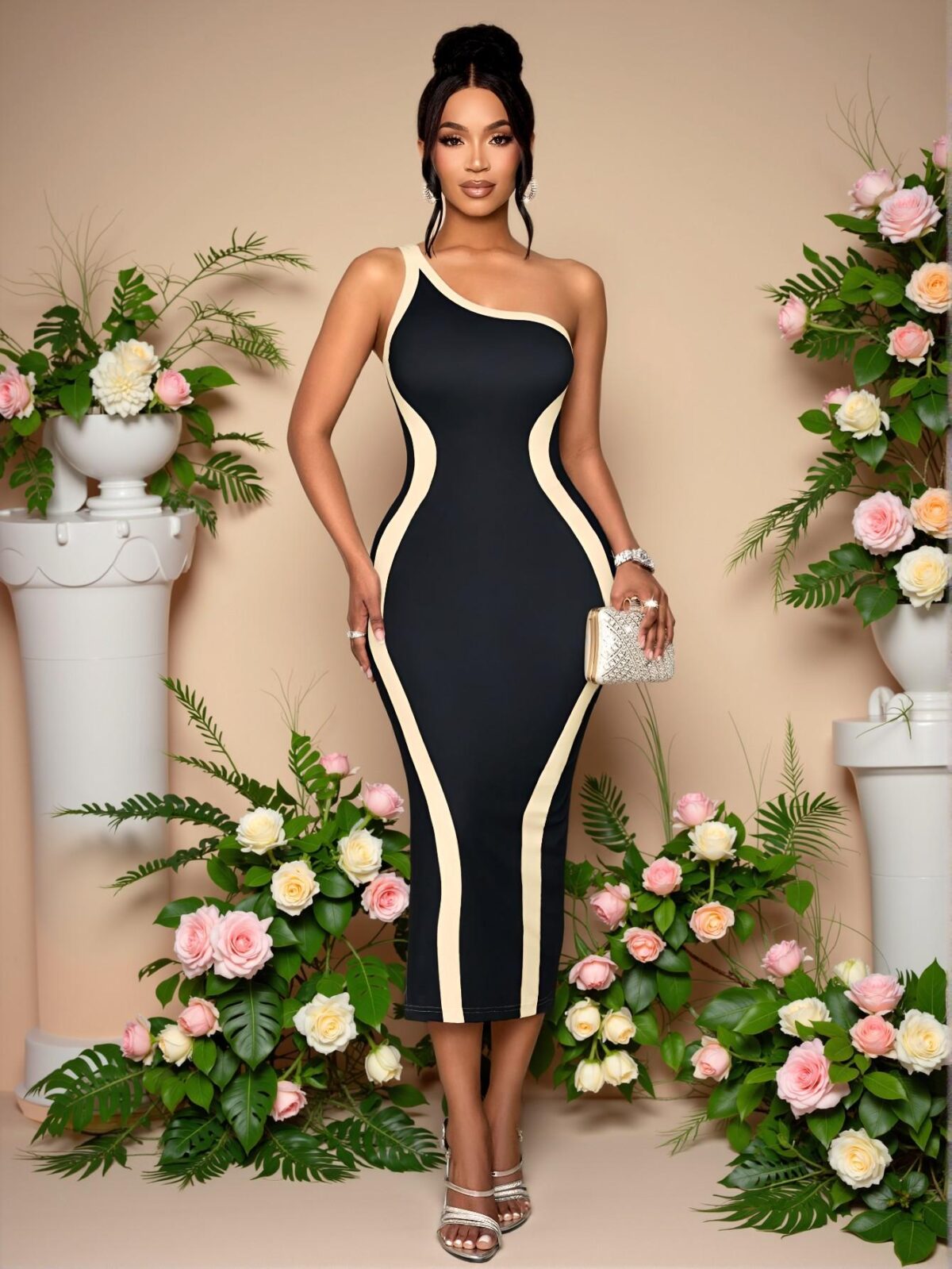 Elegant Black Asymmetrical Midi Dress with Side Slits and Striped Contrast - Chic, Classy and Trendy Fashion Style to Dress to Impress