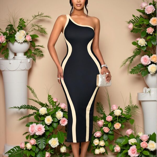Elegant Black Asymmetrical Midi Dress with Side Slits and Striped Contrast - Chic, Classy and Trendy Fashion Style to Dress to Impress