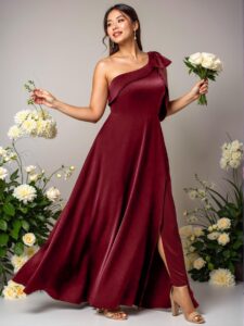Elegant Burgundy Plus Size Asymmetrical Neck Sleeveless Bow Satin A-Line Maxi Dress with Slit for Parties and Weddings - Chic, Classy and Trendy Fashion Style to Dress to Impress