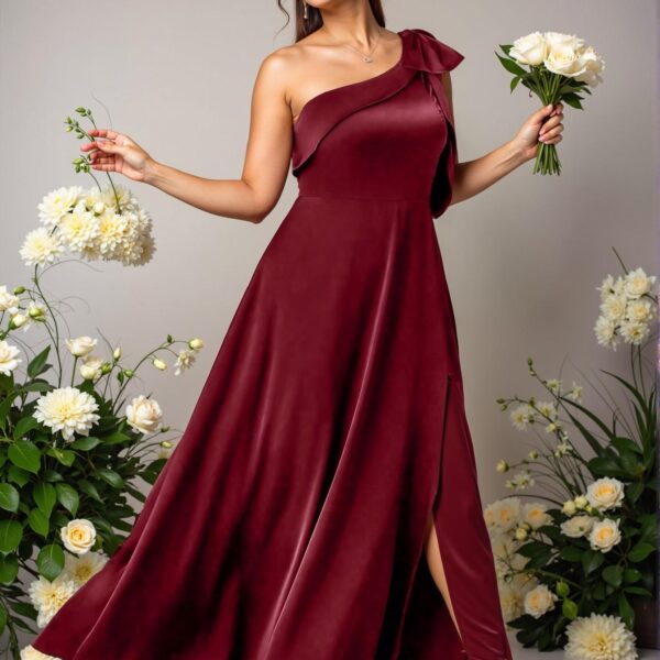 Elegant Burgundy Plus Size Asymmetrical Neck Sleeveless Bow Satin A-Line Maxi Dress with Slit for Parties and Weddings - Chic, Classy and Trendy Fashion Style to Dress to Impress