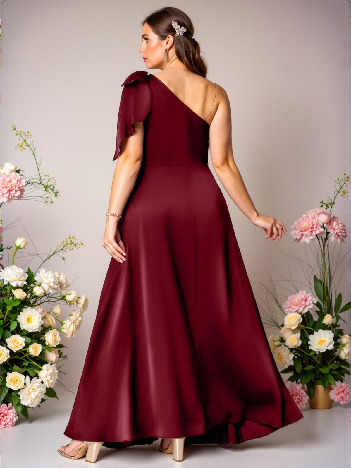 Elegant Burgundy Plus Size Asymmetrical Neck Sleeveless Bow Satin A-Line Maxi Dress with Slit for Parties and Weddings - Chic, Classy and Trendy Fashion Style to Dress to Impress - Image 2