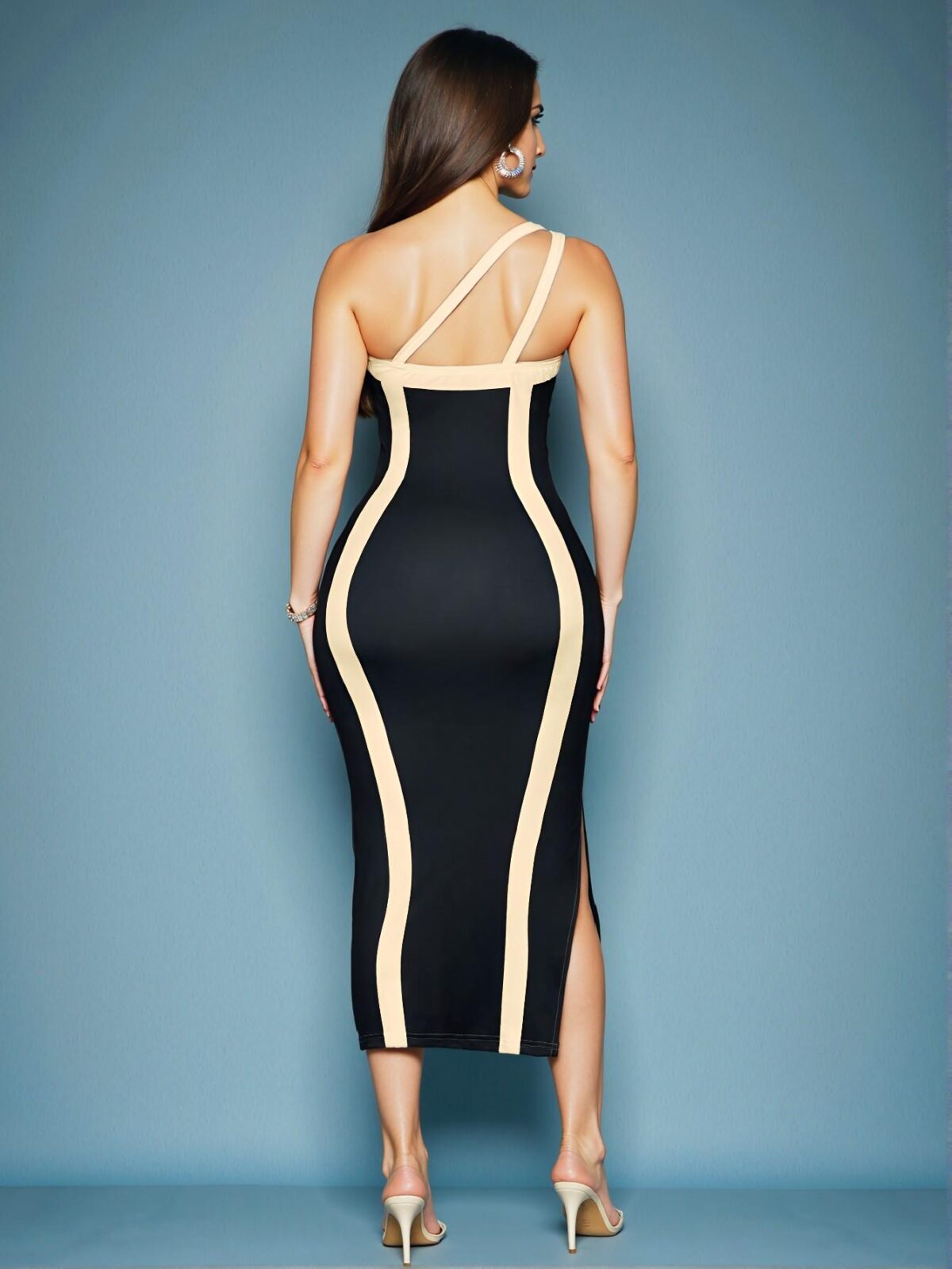 Elegant Black Asymmetrical Midi Dress with Side Slits and Striped Contrast - Chic, Classy and Trendy Fashion Style to Dress to Impress - Image 2