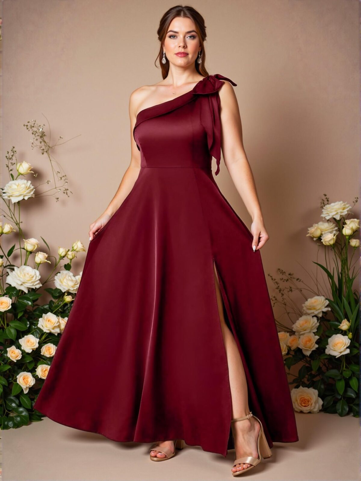 Elegant Burgundy Plus Size Asymmetrical Neck Sleeveless Bow Satin A-Line Maxi Dress with Slit for Parties and Weddings - Chic, Classy and Trendy Fashion Style to Dress to Impress - Image 3