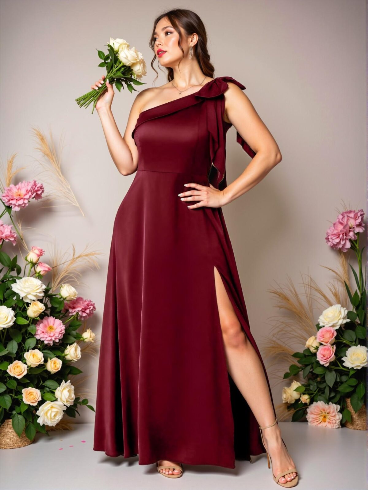 Elegant Burgundy Plus Size Asymmetrical Neck Sleeveless Bow Satin A-Line Maxi Dress with Slit for Parties and Weddings - Chic, Classy and Trendy Fashion Style to Dress to Impress - Image 4