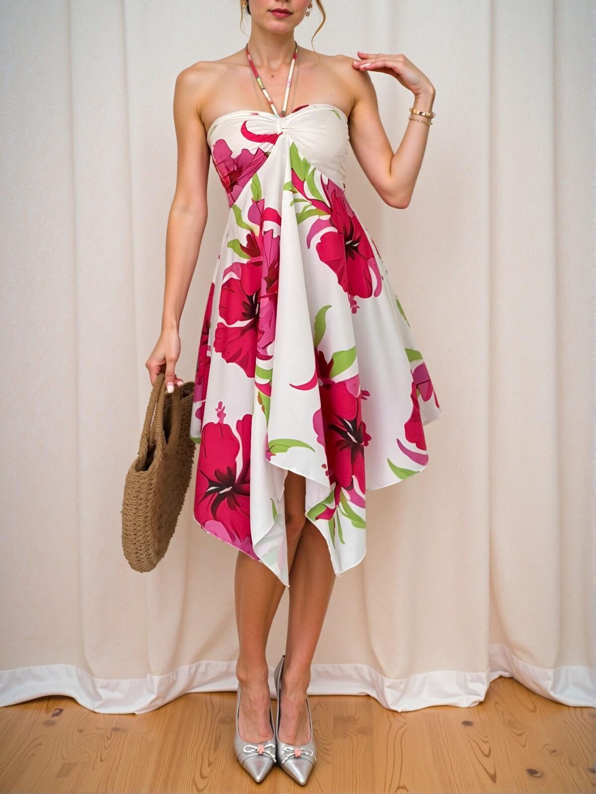 Elegant White Tropical Print Camisole Dress and Skirt Set Perfect for Spring and Summer - Chic, Classy and Trendy Fashion Style to Dress to Impress
