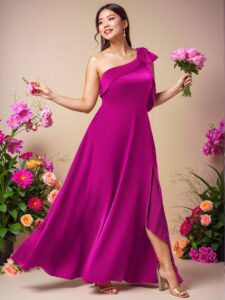 Elegant Hot Pink Off Shoulder Satin A-Line Split Maxi Dress with Bow Detail for Special Occasions - Chic, Classy and Trendy Fashion Style to Dress to Impress