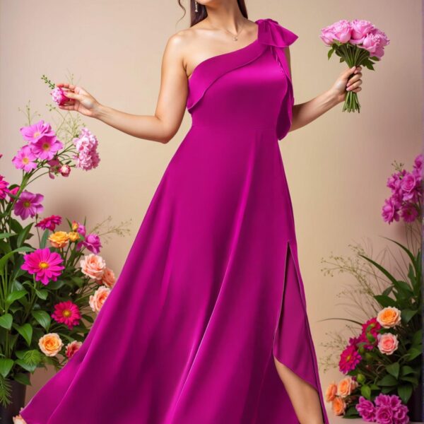 Elegant Hot Pink Off Shoulder Satin A-Line Split Maxi Dress with Bow Detail for Special Occasions - Chic, Classy and Trendy Fashion Style to Dress to Impress