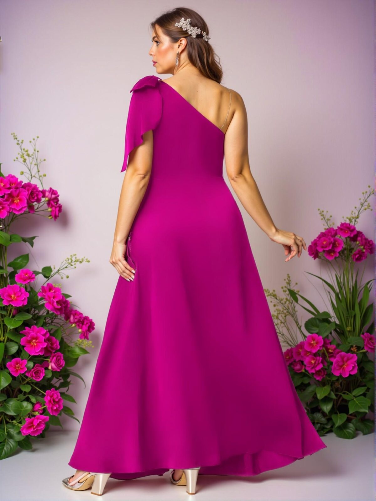 Elegant Hot Pink Off Shoulder Satin A-Line Split Maxi Dress with Bow Detail for Special Occasions - Chic, Classy and Trendy Fashion Style to Dress to Impress - Image 2