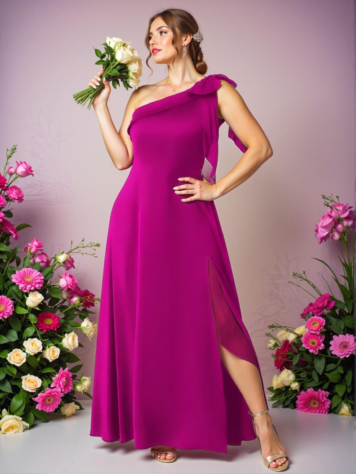 Elegant Hot Pink Off Shoulder Satin A-Line Split Maxi Dress with Bow Detail for Special Occasions - Chic, Classy and Trendy Fashion Style to Dress to Impress - Image 3