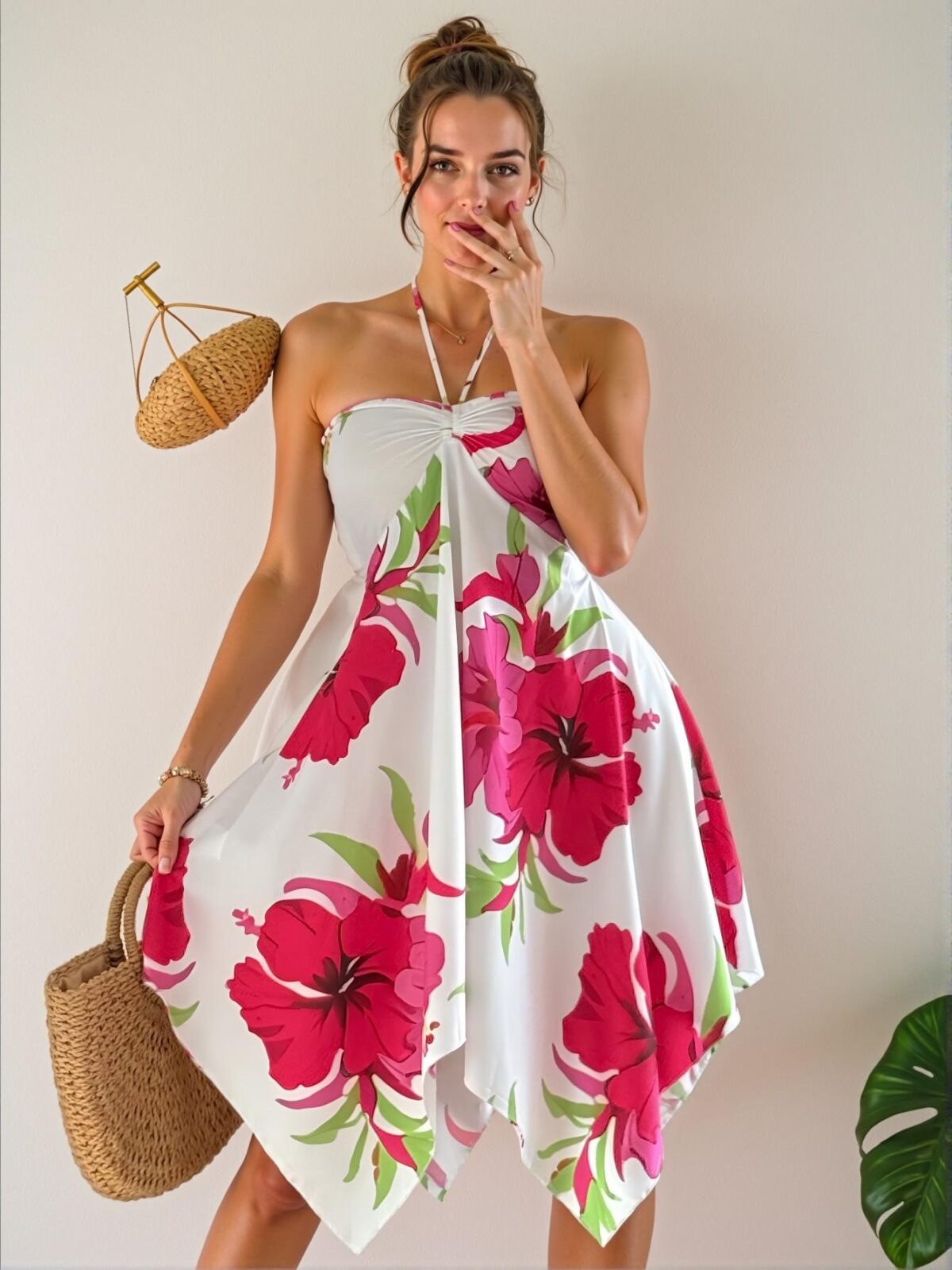 Elegant White Tropical Print Camisole Dress and Skirt Set Perfect for Spring and Summer - Chic, Classy and Trendy Fashion Style to Dress to Impress - Image 3