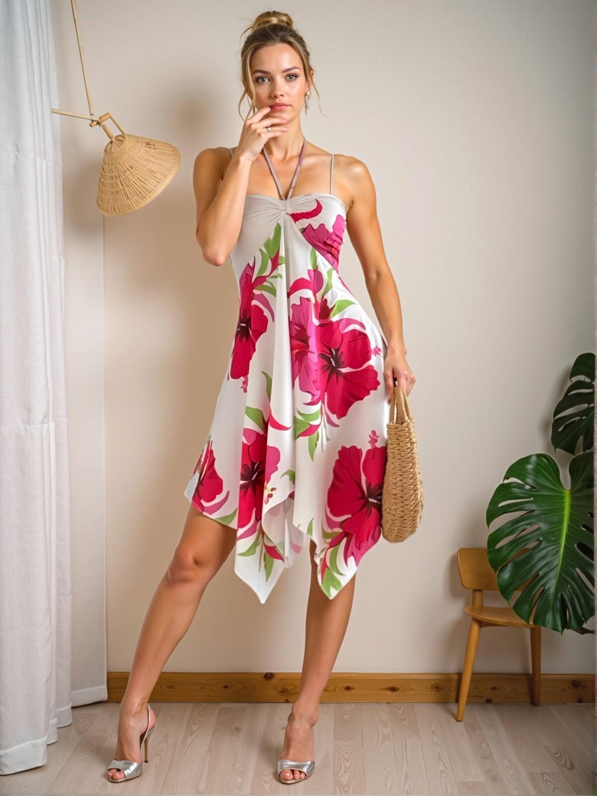 Elegant White Tropical Print Camisole Dress and Skirt Set Perfect for Spring and Summer - Chic, Classy and Trendy Fashion Style to Dress to Impress - Image 5