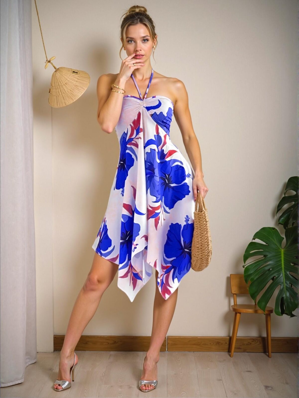 Elegant Blue Bohemian Tropical Print Sleeveless Dress with Asymmetrical Skirt for Spring and Summer Chic, Classy and Trendy Fashion Style to Dress to Impress