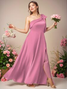 Elegant Pink A-Line Satin Dress with Straps and Bow Detail, Perfect for Parties and Events - Chic, Classy and Trendy Fashion Style to Dress to Impress