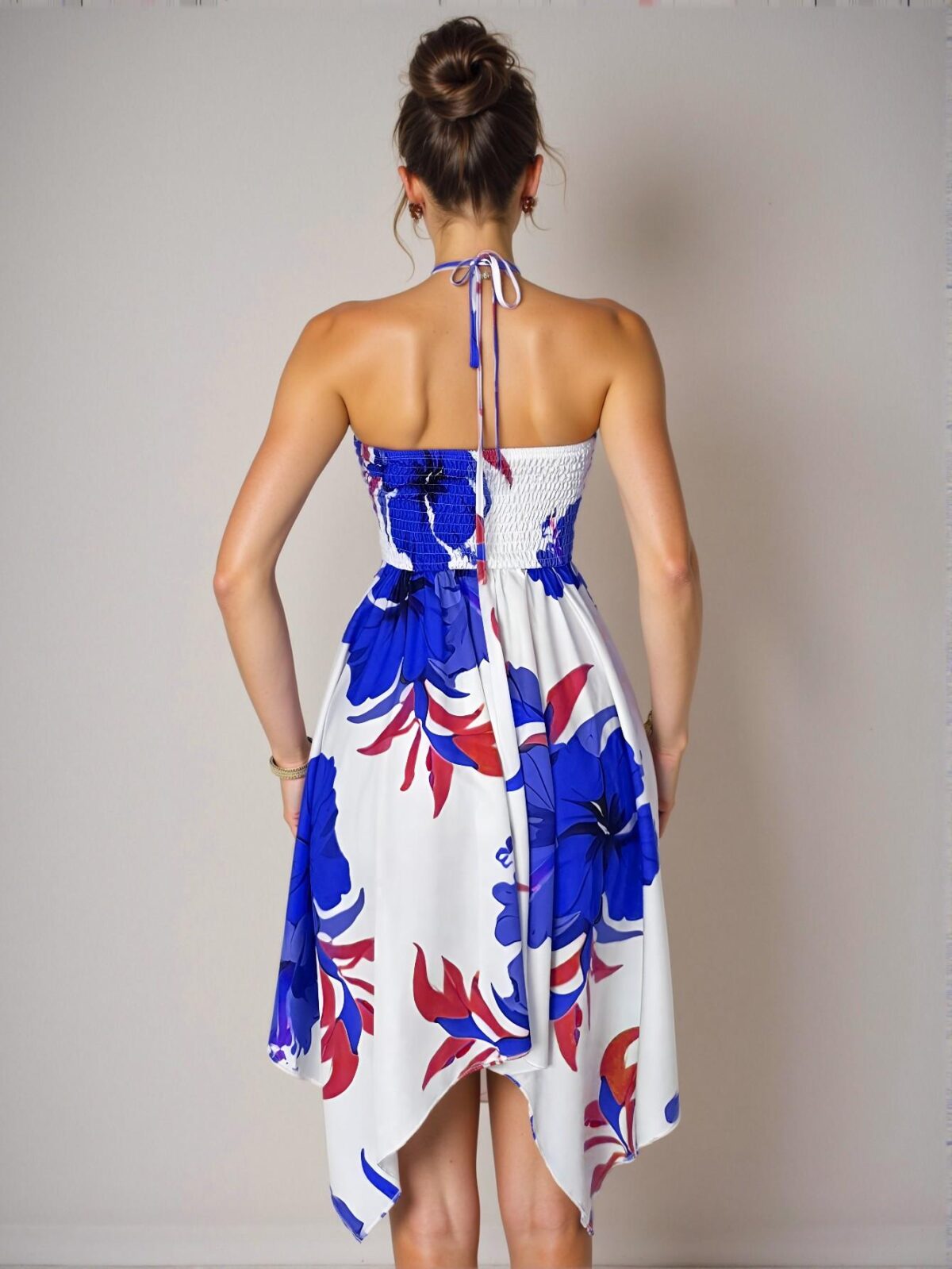 Elegant Blue Bohemian Tropical Print Sleeveless Dress with Asymmetrical Skirt for Spring and Summer Chic, Classy and Trendy Fashion Style to Dress to Impress - Image 2