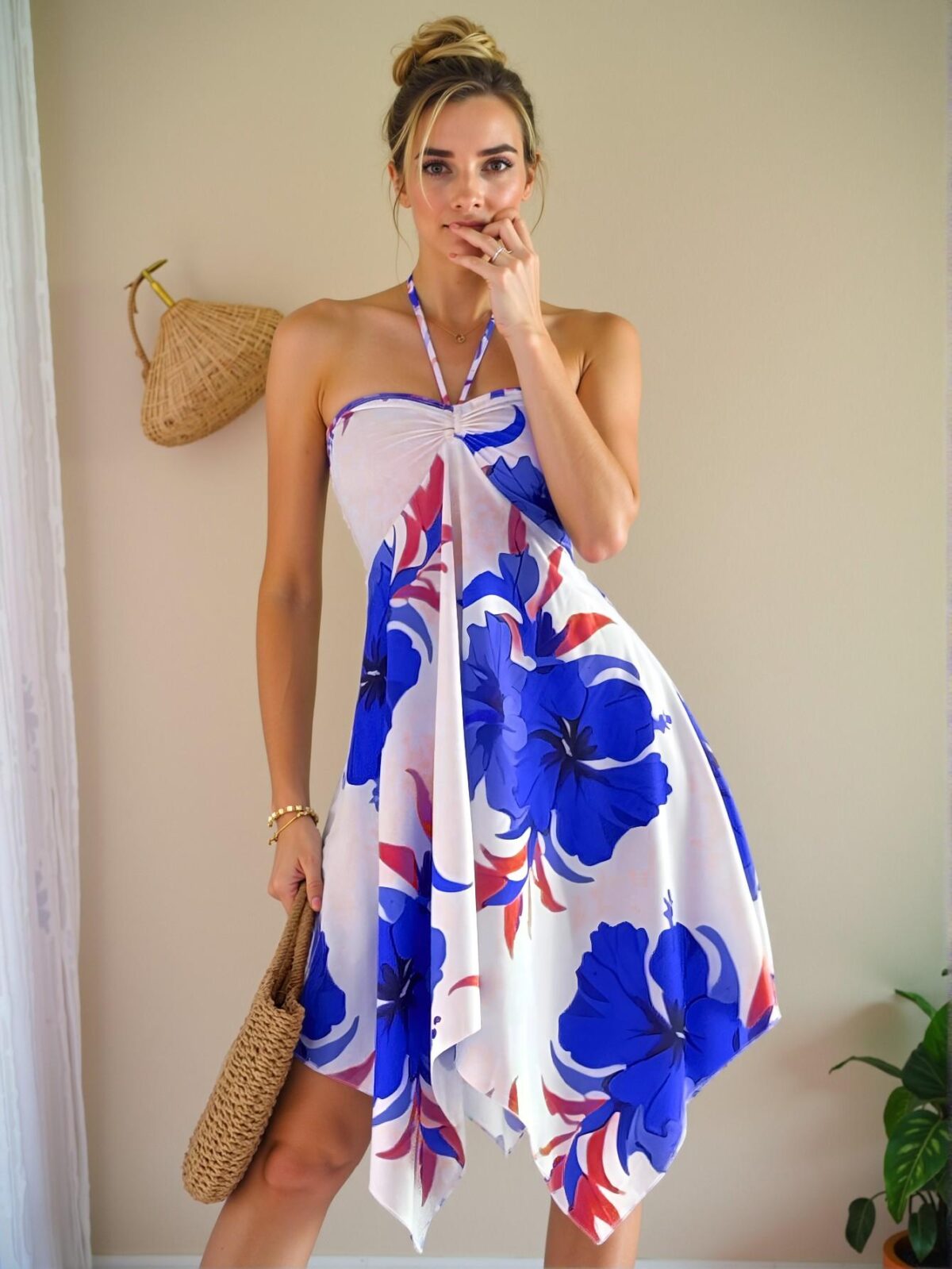 Elegant Blue Bohemian Tropical Print Sleeveless Dress with Asymmetrical Skirt for Spring and Summer Chic, Classy and Trendy Fashion Style to Dress to Impress - Image 3