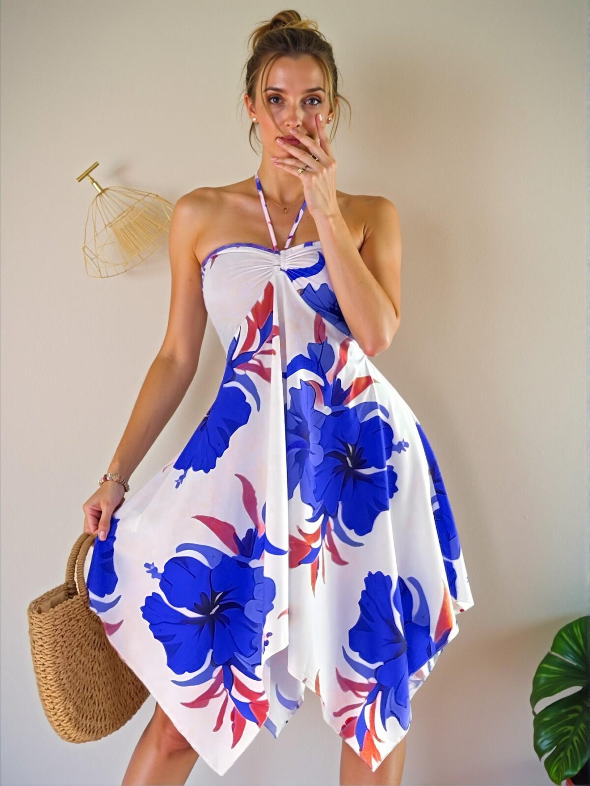 Elegant Blue Bohemian Tropical Print Sleeveless Dress with Asymmetrical Skirt for Spring and Summer Chic, Classy and Trendy Fashion Style to Dress to Impress - Image 5
