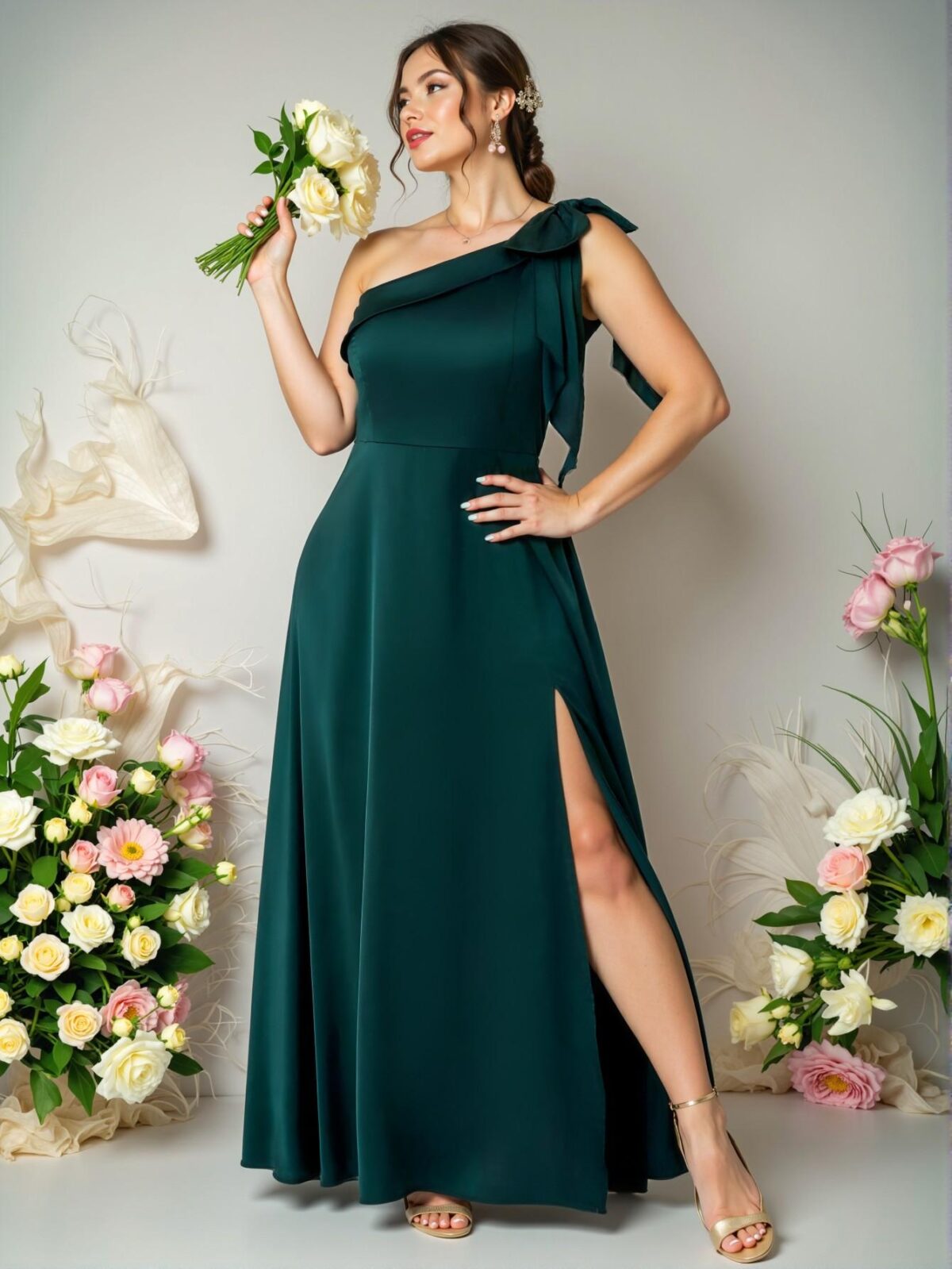Elegant Dark Green Asymmetrical Neck Sleeveless Bowknot Satin A-Line Maxi Dress with Split Hem for Party Glamour - Chic, Classy and Trendy Fashion Style to Dress to Impress - Image 3