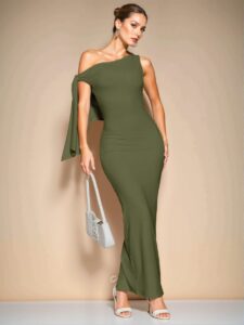 Elegant Army Green Asymmetrical Shoulder Tie Ruched Dress for Graduation in Spring and Summer - Chic, Classy and Trendy Fashion Style to Dress to Impress