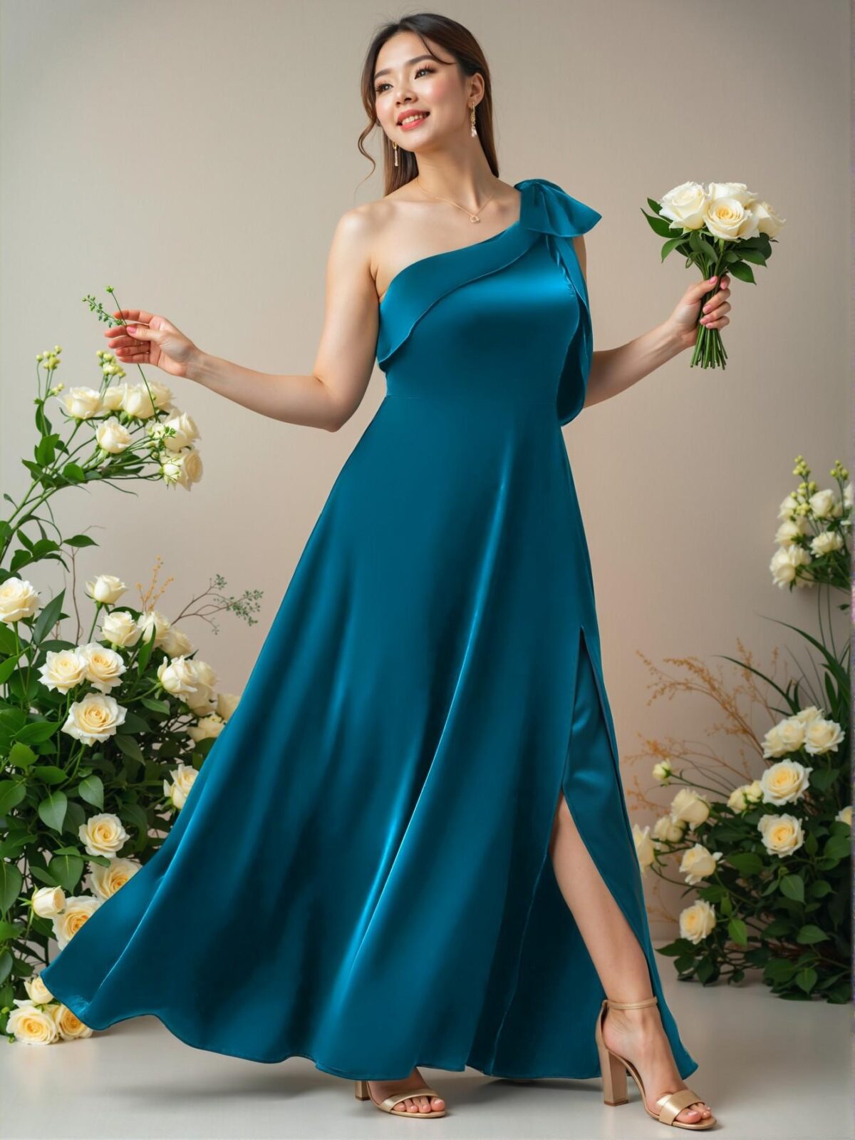 Elegant Teal Blue Asymmetrical Neck Satin A-Line Slit Ankle-Length Dress - Chic, Classy and Trendy Fashion Style to Dress to Impress
