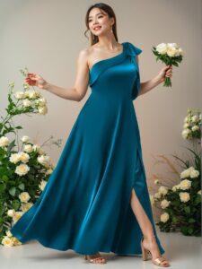Elegant Teal Blue Asymmetrical Neck Satin A-Line Slit Ankle-Length Dress - Chic, Classy and Trendy Fashion Style to Dress to Impress