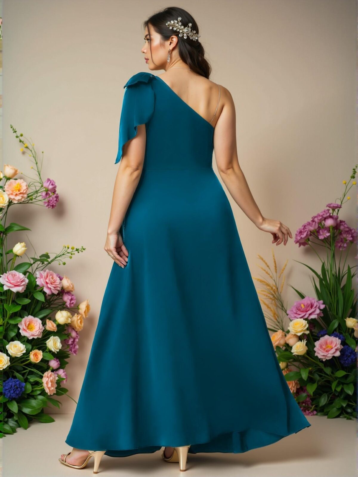 Elegant Teal Blue Asymmetrical Neck Satin A-Line Slit Ankle-Length Dress - Chic, Classy and Trendy Fashion Style to Dress to Impress - Image 2
