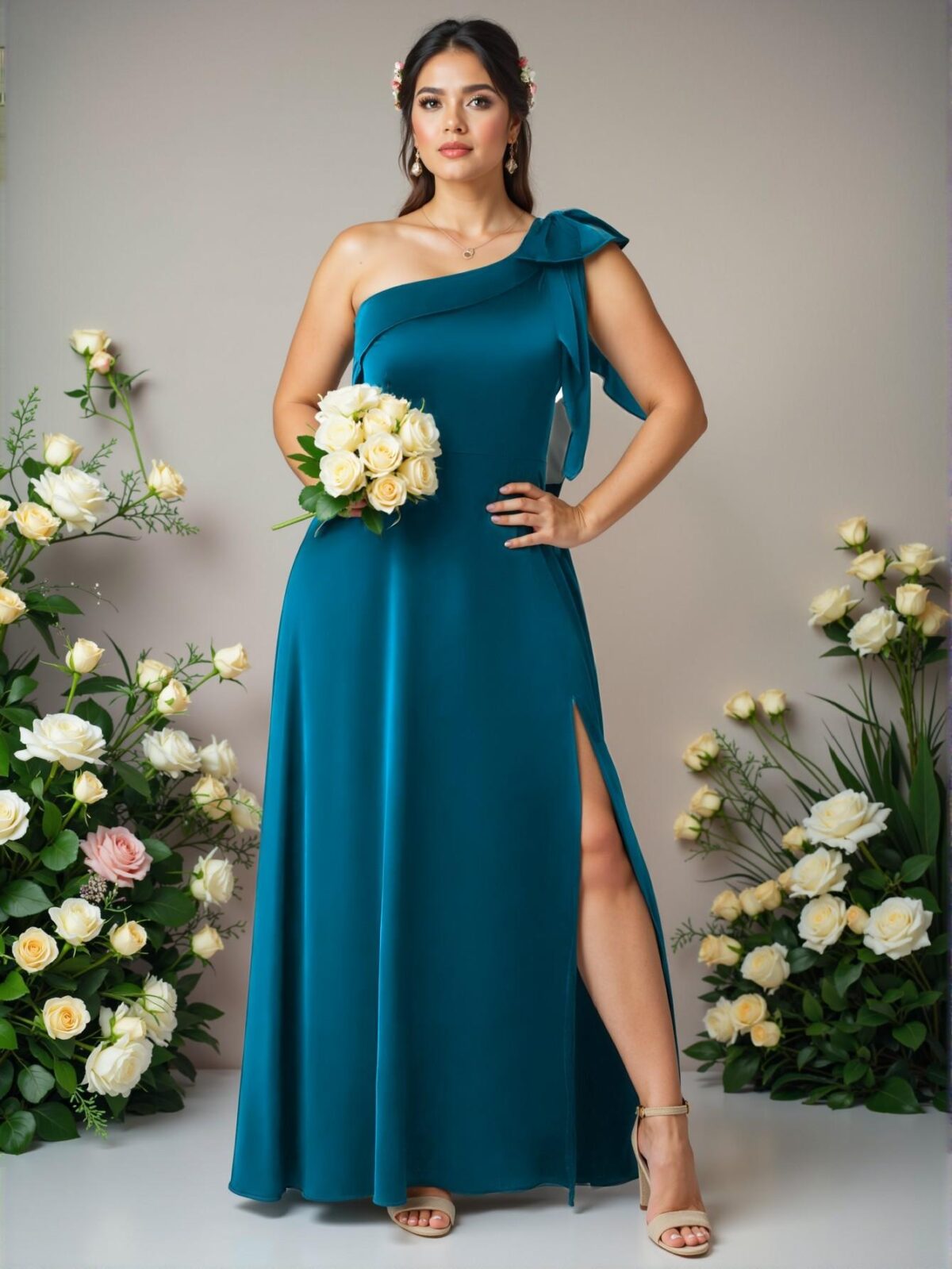 Elegant Teal Blue Asymmetrical Neck Satin A-Line Slit Ankle-Length Dress - Chic, Classy and Trendy Fashion Style to Dress to Impress - Image 3