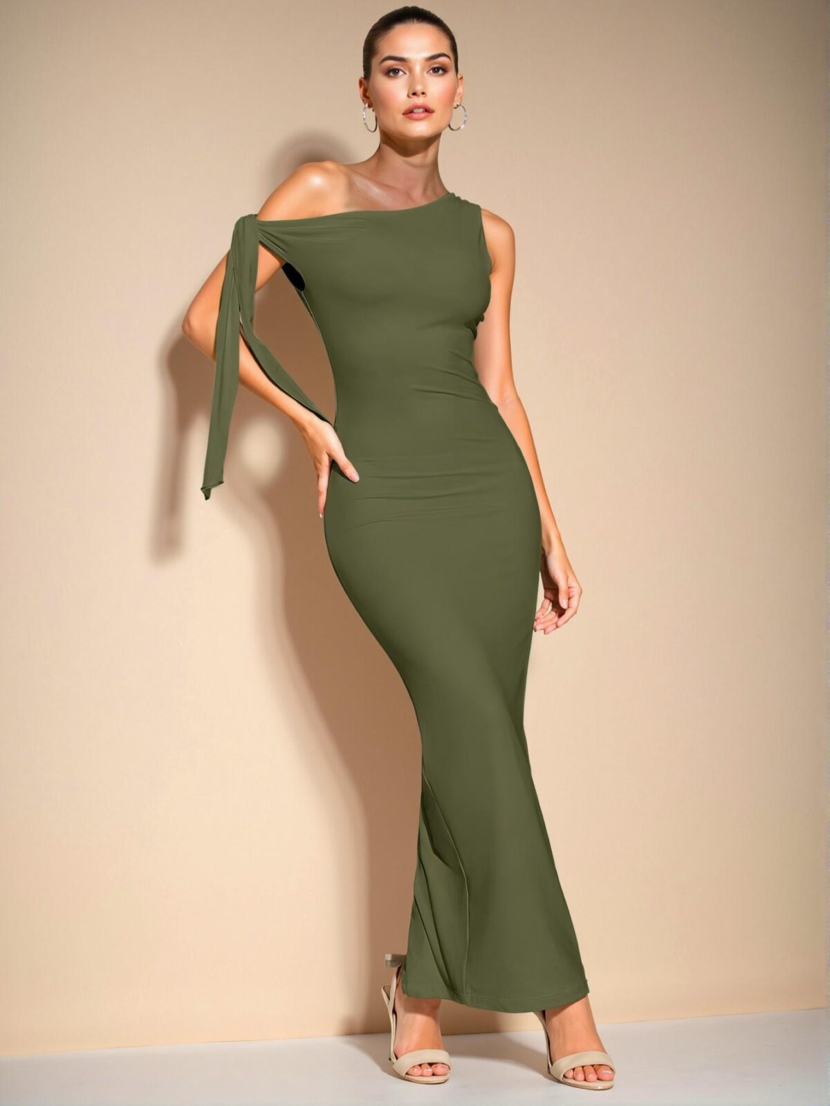 Elegant Army Green Asymmetrical Shoulder Tie Ruched Dress for Graduation in Spring and Summer - Chic, Classy and Trendy Fashion Style to Dress to Impress - Image 3
