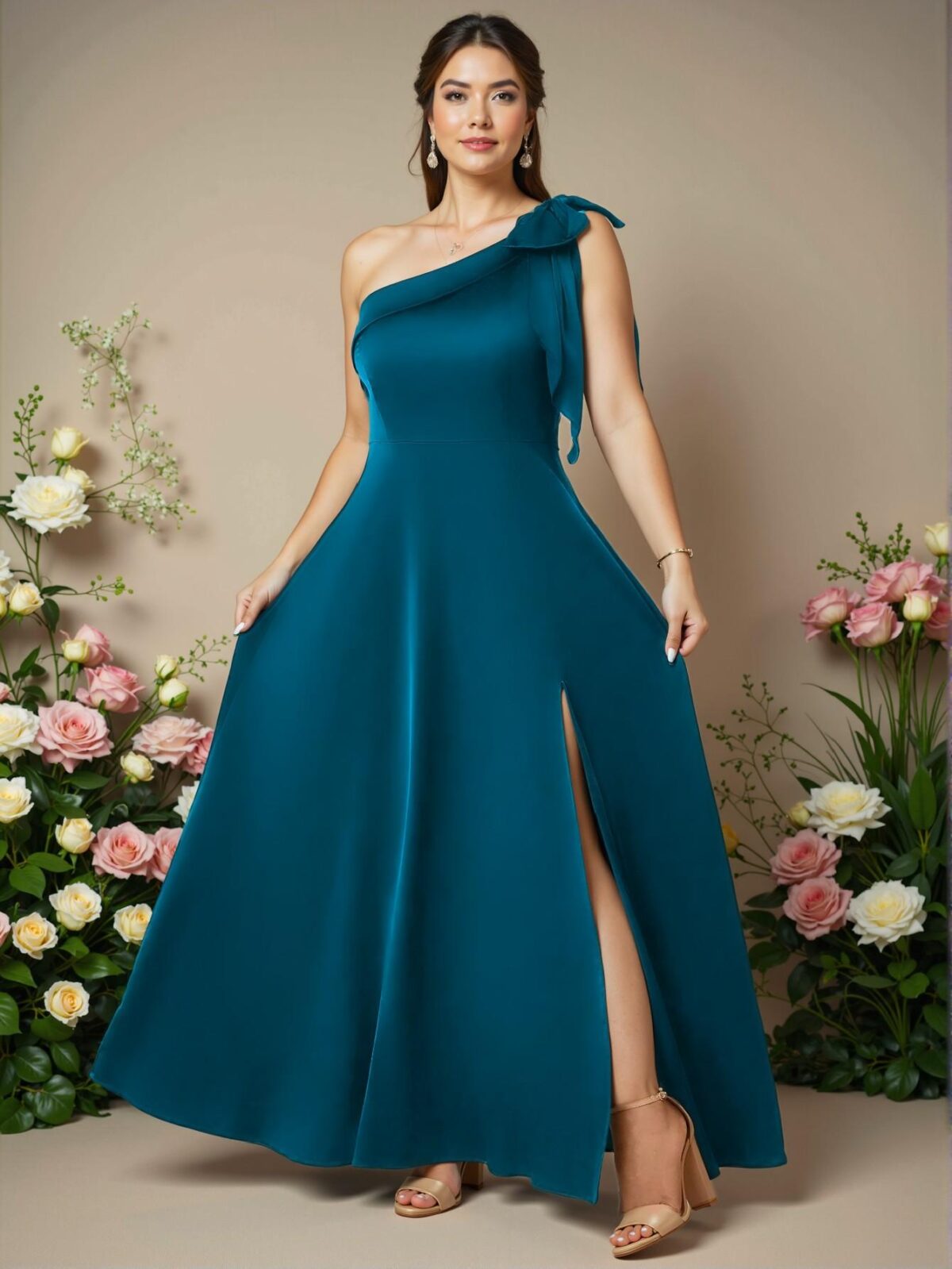Elegant Teal Blue Asymmetrical Neck Satin A-Line Slit Ankle-Length Dress - Chic, Classy and Trendy Fashion Style to Dress to Impress - Image 4