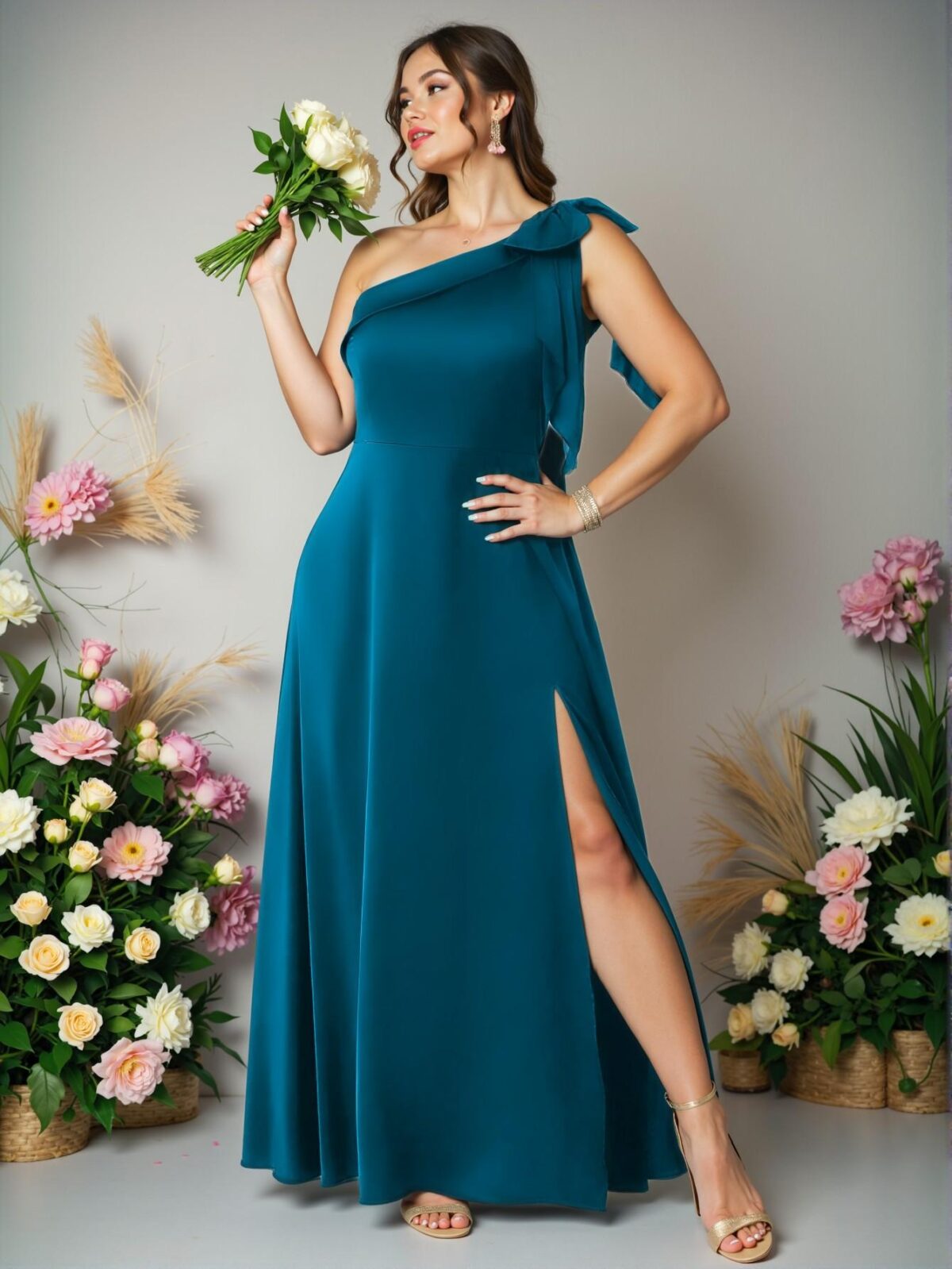 Elegant Teal Blue Asymmetrical Neck Satin A-Line Slit Ankle-Length Dress - Chic, Classy and Trendy Fashion Style to Dress to Impress - Image 5