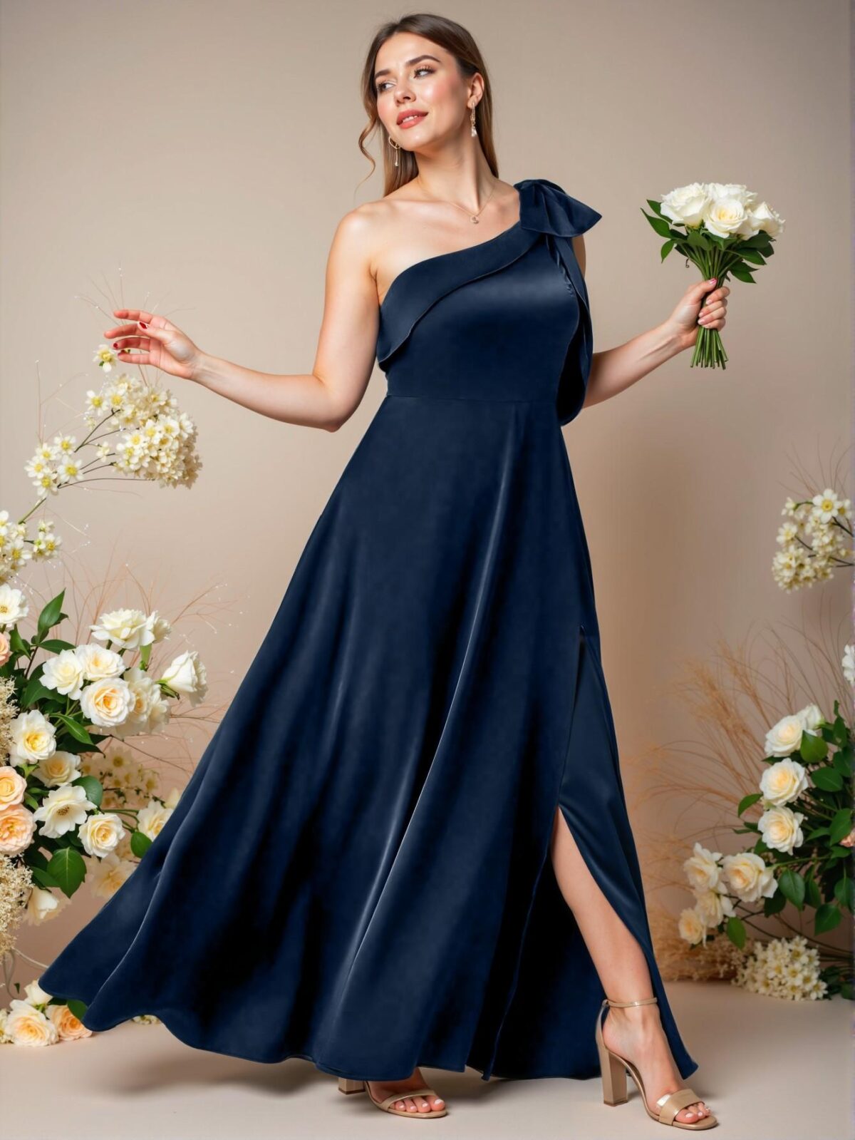 Elegant Navy Blue Asymmetrical Satin A-Line Maxi Dress with Bow and Split Detail - Chic, Classy and Trendy Fashion Style to Dress to Impress