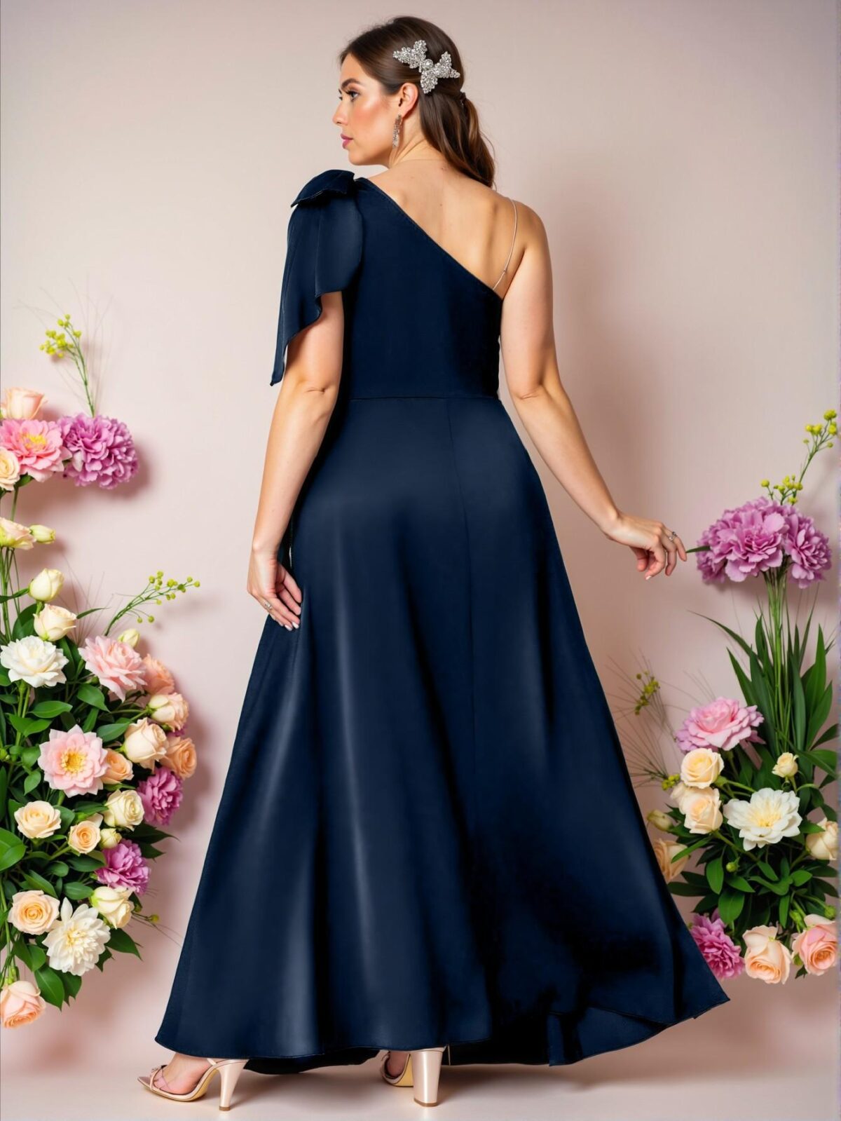 Elegant Navy Blue Asymmetrical Satin A-Line Maxi Dress with Bow and Split Detail - Chic, Classy and Trendy Fashion Style to Dress to Impress - Image 2