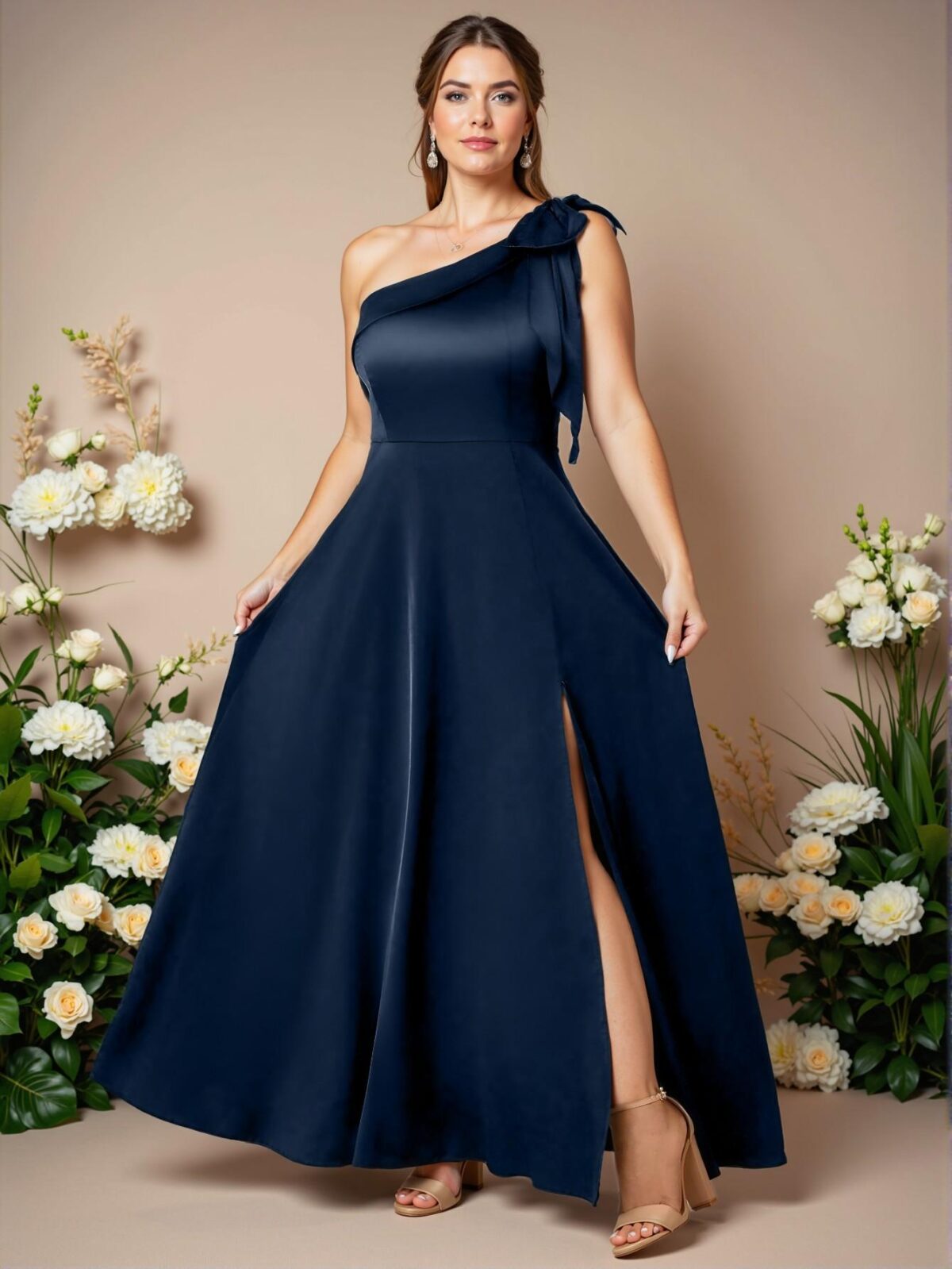 Elegant Navy Blue Asymmetrical Satin A-Line Maxi Dress with Bow and Split Detail - Chic, Classy and Trendy Fashion Style to Dress to Impress - Image 3