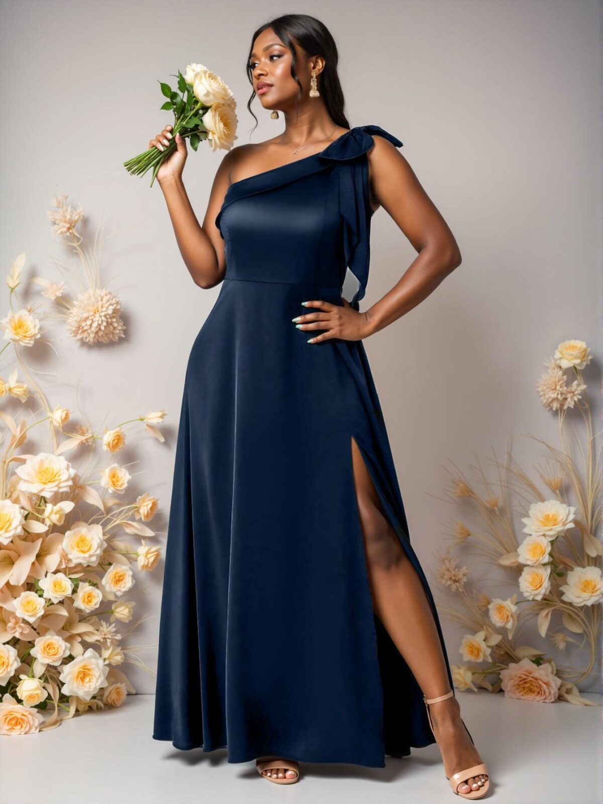 Elegant Navy Blue Asymmetrical Satin A-Line Maxi Dress with Bow and Split Detail - Chic, Classy and Trendy Fashion Style to Dress to Impress - Image 4
