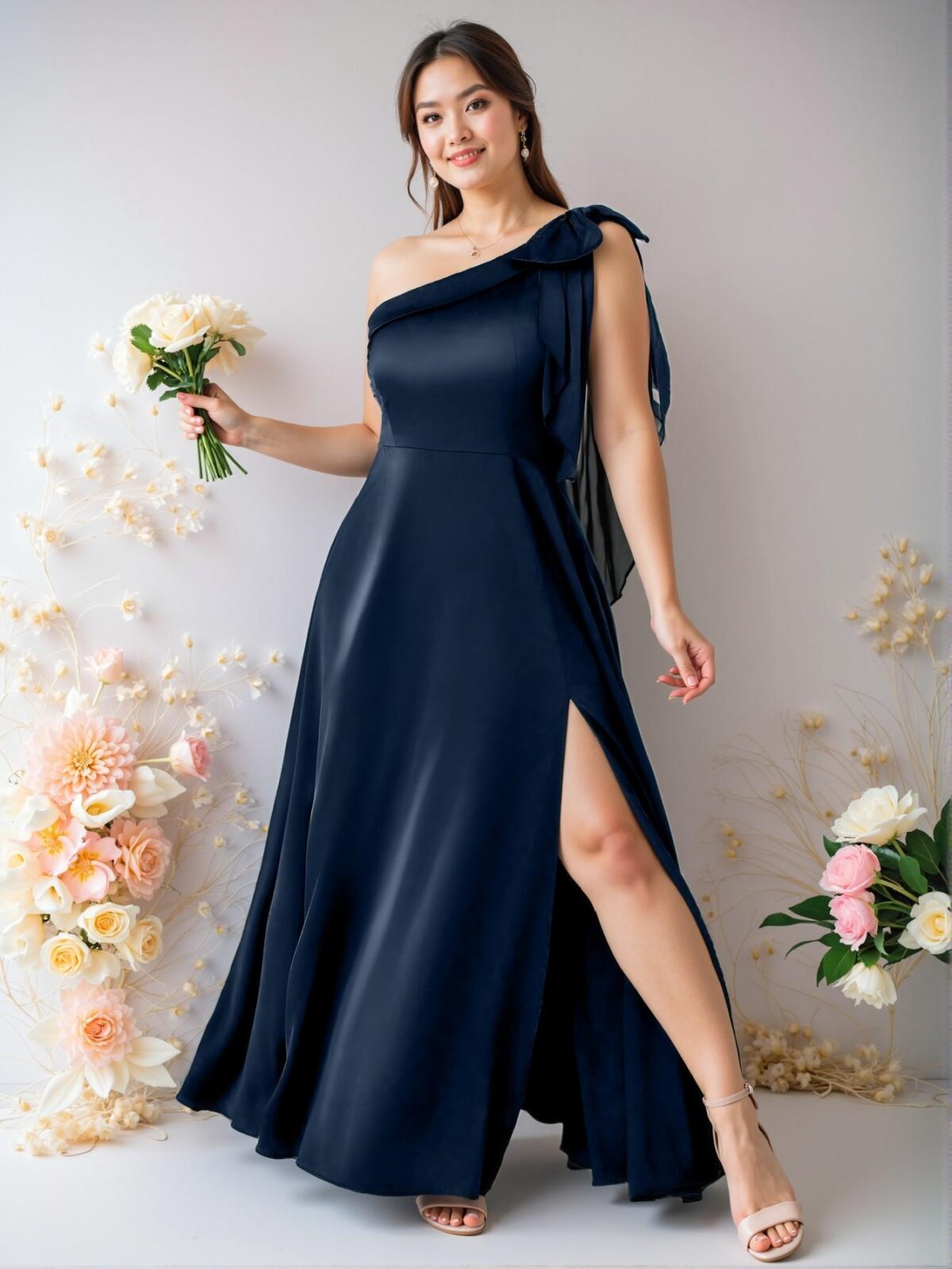 Elegant Navy Blue Asymmetrical Satin A-Line Maxi Dress with Bow and Split Detail - Chic, Classy and Trendy Fashion Style to Dress to Impress - Image 5