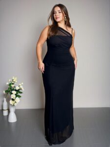 Elegant Black Asymmetrical Neck Ruched Bodycon Maxi Dress for Office, Festivals, and Vacations - Chic, Classy and Trendy Fashion Style to Dress to Impress